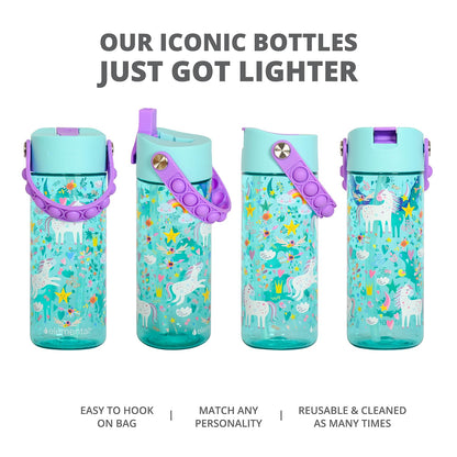 Elemental Leak Proof Water Bottles for Kids - Splash Kids Water Bottle for School with Pop-it Handle - Tritan Plastic Water Bottle with Straw - Unicorn & Rose - 18oz (2 Pack)