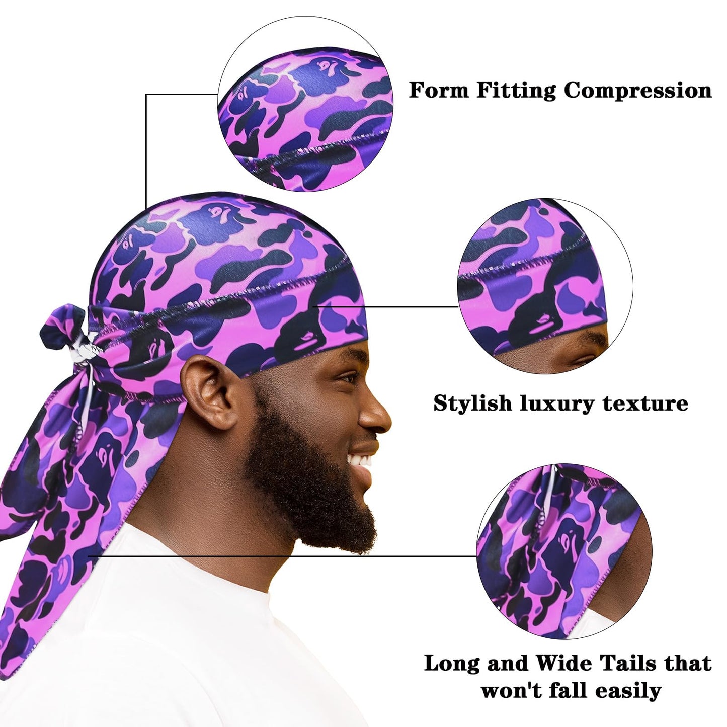 4Pcs Durag Set Silk Durag for Men Designer Durag Printed Do Rag with Long Tail Durag Hip Hop Turban Colorful Headband for Mens Braid Dread