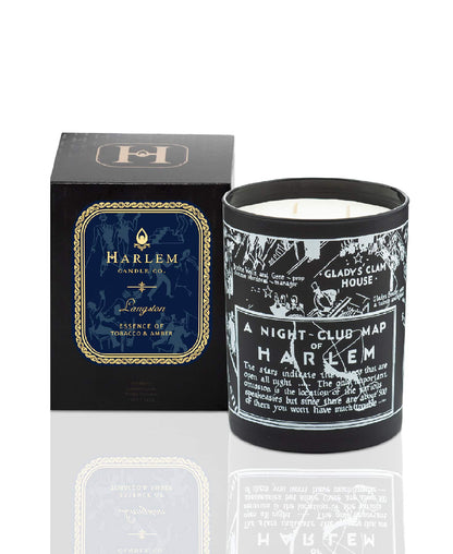 Harlem Candle Company Langston Map Luxury Candle, 11 oz Black Glass Jar with Harlem Map Print, Double Wick, Soy Wax, Gift Box, Jasmine, Sandalwood, Nutmeg, Cloves, Vanilla, Leather, and Amber