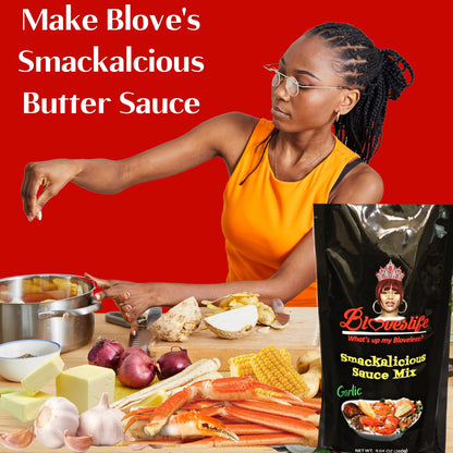 Blove's Smackalicious Sauce Seasoning Mix (Garlic) Seasoning mix for making Smackalicious Sauce by Bloveslife. Great on fish, crab, shrimp, crawfish and a variety of meats and veggies