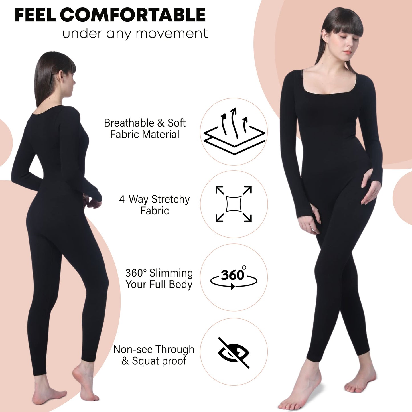 Soo slick Jumpsuits for Women Tummy Control Long Sleeve Sculpting Full Bodysuit | Square Neck Ribbed One Piece Dupes