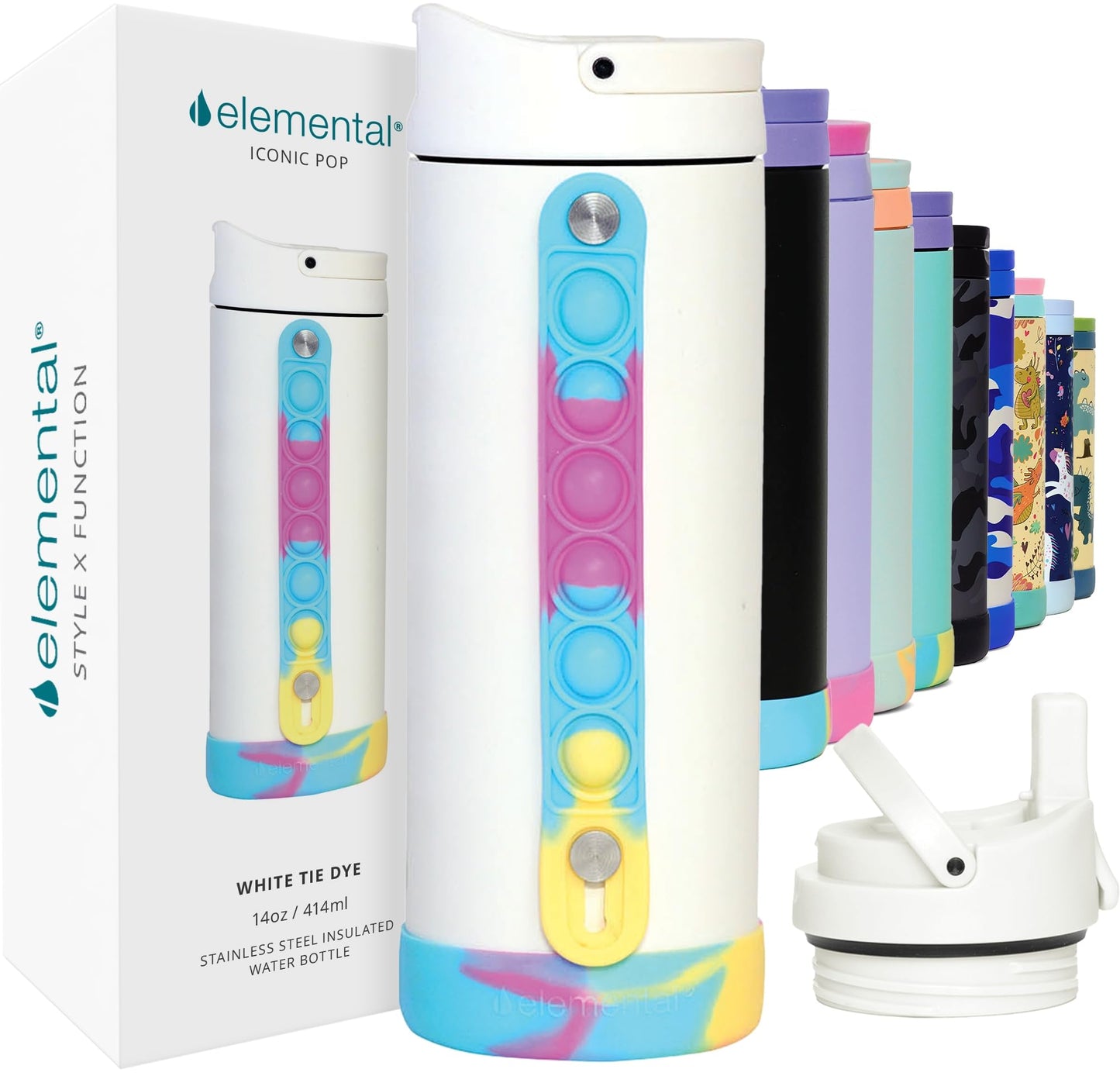 Elemental Iconic Kids Water Bottle with Straw Lid & Stress Relief Pop It Handle, Leak-Proof When Closed, Triple Insulated Kids Stainless Steel Water Bottle For Girls and Boys, 14oz - White Tie Dye