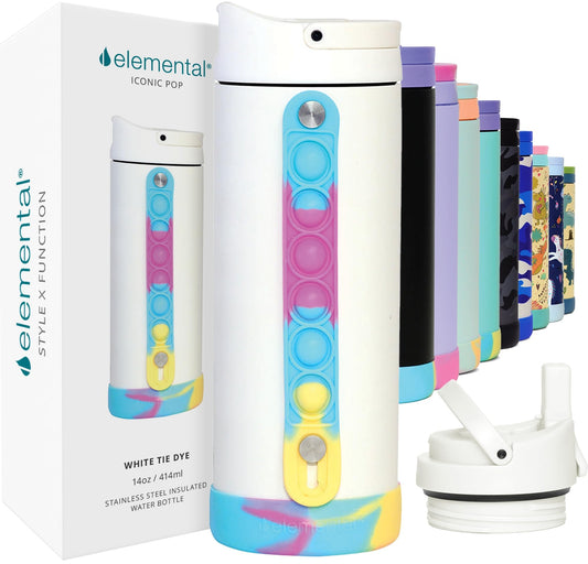 Elemental Iconic Kids Water Bottle with Straw Lid & Stress Relief Pop It Handle, Leak-Proof When Closed, Triple Insulated Kids Stainless Steel Water Bottle For Girls and Boys, 14oz - White Tie Dye