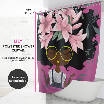 Pardon My Fro Lily Shower Curtain - 100% Polyester Fabric Shower Curtains with Print - Hotel & Home One Piece Hookless Shower Curtains w/ 12 Grommets, Chic Style Bathroom Curtain (Pink 71"×71")