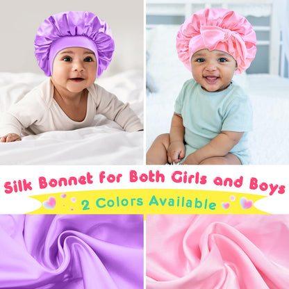 BONNET QUEEN Baby Bonnet Kids Bonnet Infant Satin Silk Hair Bonnets for Girls Newborn Infants with Tie Band Bow 6-12 Months 2Pcs Pink+Purple