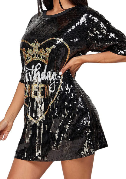 2Chique Boutique Women's Sequin T Shirt Dress Birthday Queen with Heart One Size Fits All