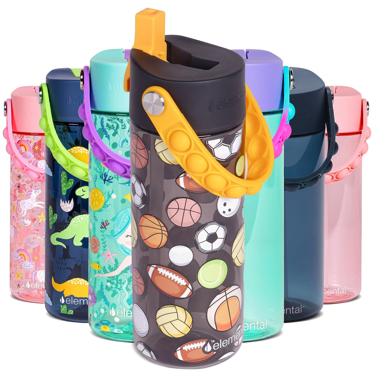 Elemental Leak Proof Water Bottles for Kids - Splash Kids Water Bottle for School with Pop-it Handle - BPA Free Tritan Plastic Reusable Water Bottle with Straw - Sports Ball - 18oz