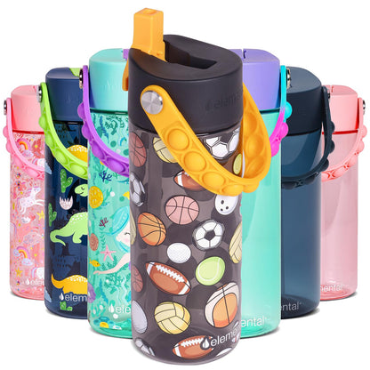 Elemental Leak Proof Water Bottles for Kids - Splash Kids Water Bottle for School with Pop-it Handle - BPA Free Tritan Plastic Reusable Water Bottle with Straw - Sports Ball - 18oz