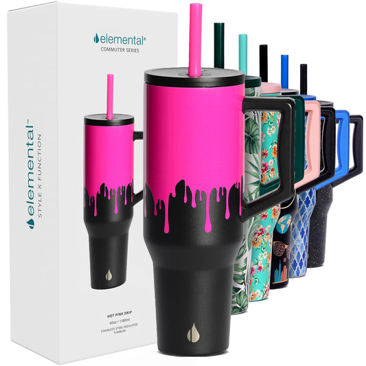 Elemental 40 oz Tumbler with Handle and Straw - Spill Proof Insulated Stainless Steel Commuter for Hot and Cold Beverages - Travel Coffee Mug with 2 Straws & Spill Proof Lid - 40oz - Hot Pink Drip