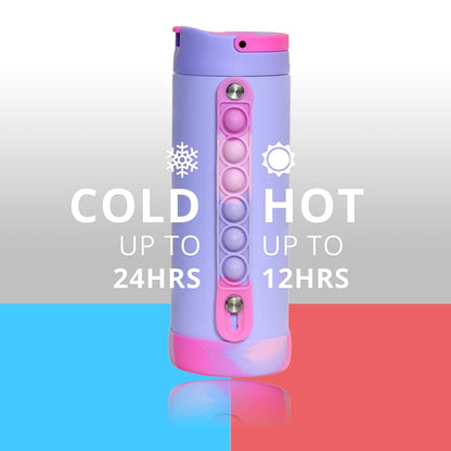 Elemental Iconic Kids Water Bottle with Straw Lid & Stress Relief Pop It Handle, Leak-Proof When Closed, Triple Insulated Kids Stainless Steel Water Bottle For Girls and Boys, 14oz - Lilac Tie Dye