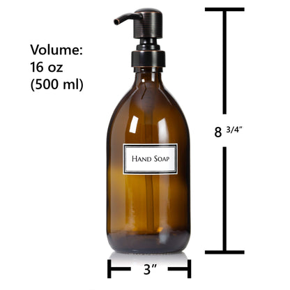 Artanis Home Refillable Amber Glass Hand Soap Dispenser 16 oz – Ceramic Printed Apothecary Bottle with Oil Rubbed Bronze Pump