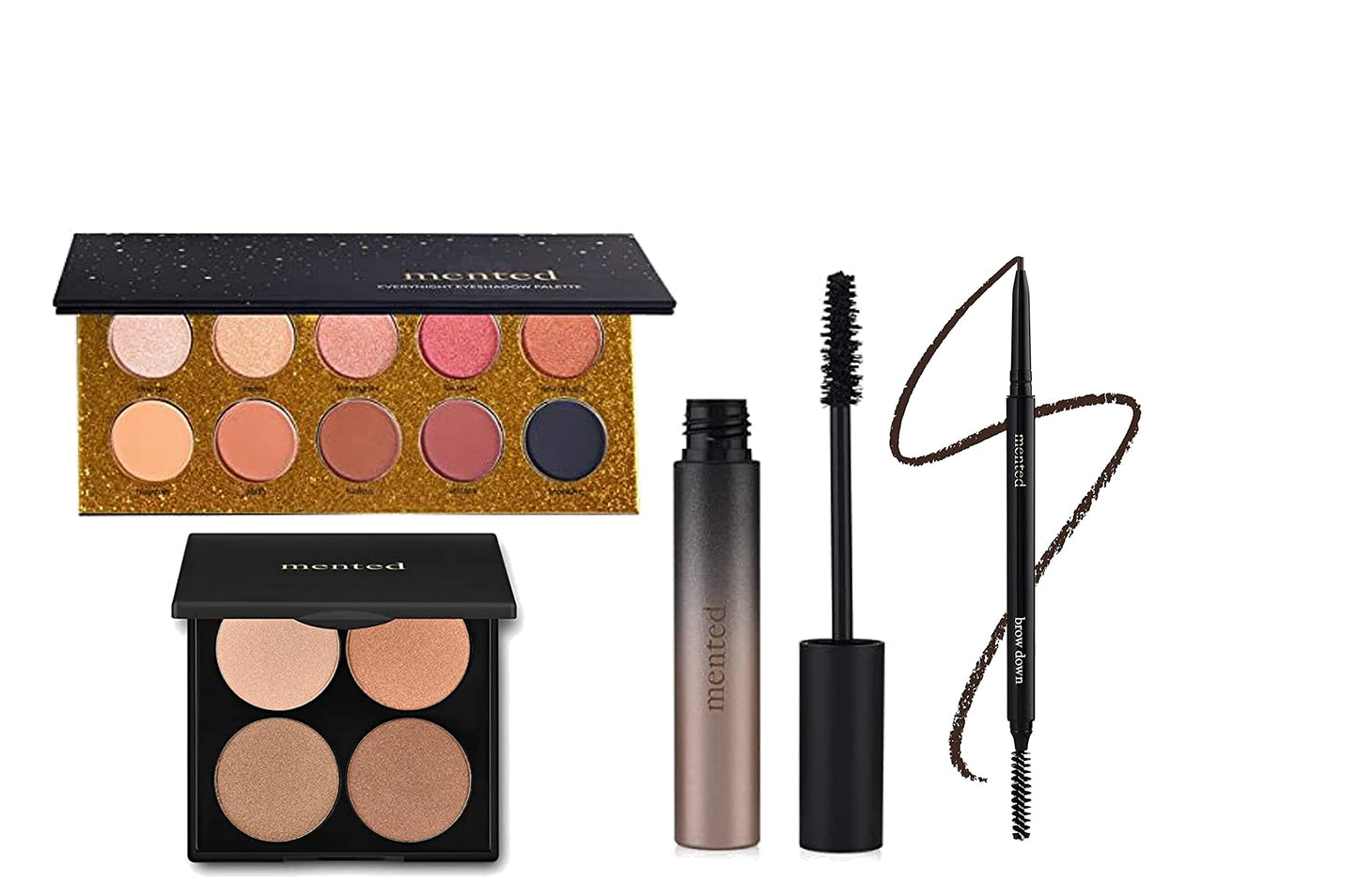 Mented Cosmetics | Nude and Dark Eyeshadows, Everynight Eye Shadow Palette + Sunkissed Highlighter Palette + Eyebrow Pencil (Deep Brown) + Long Live the Lash Mascara