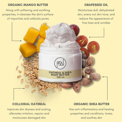 Flora and Noor Organic Whipped Shea Body Butter | Shea Butter for Face and Body Moisturizing Natural Body Butter for Dry Skin infused with Colloidal Oatmeal (200 ml)