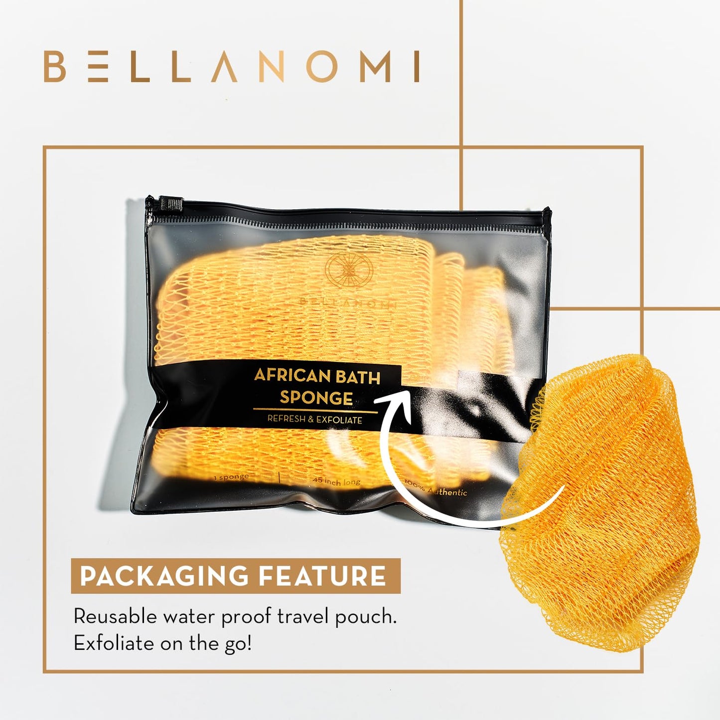 BELLANOMI African Exfoliating Net Sponge, Authentic, Ethically sourced from Nigeria, 45 inches Long, Back Scrubber for Daily use (Yellow)