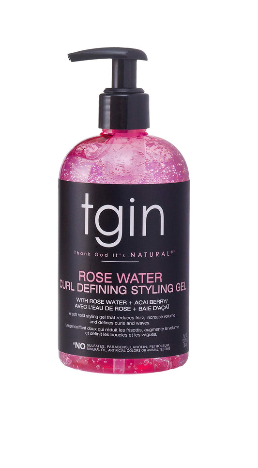 tgin Rose Water Defining Styling Gel for Curly, Coily and Wavy Hair, Reduce Frizz, Light Hold, Moisturizes and Defines Curls, 13 oz