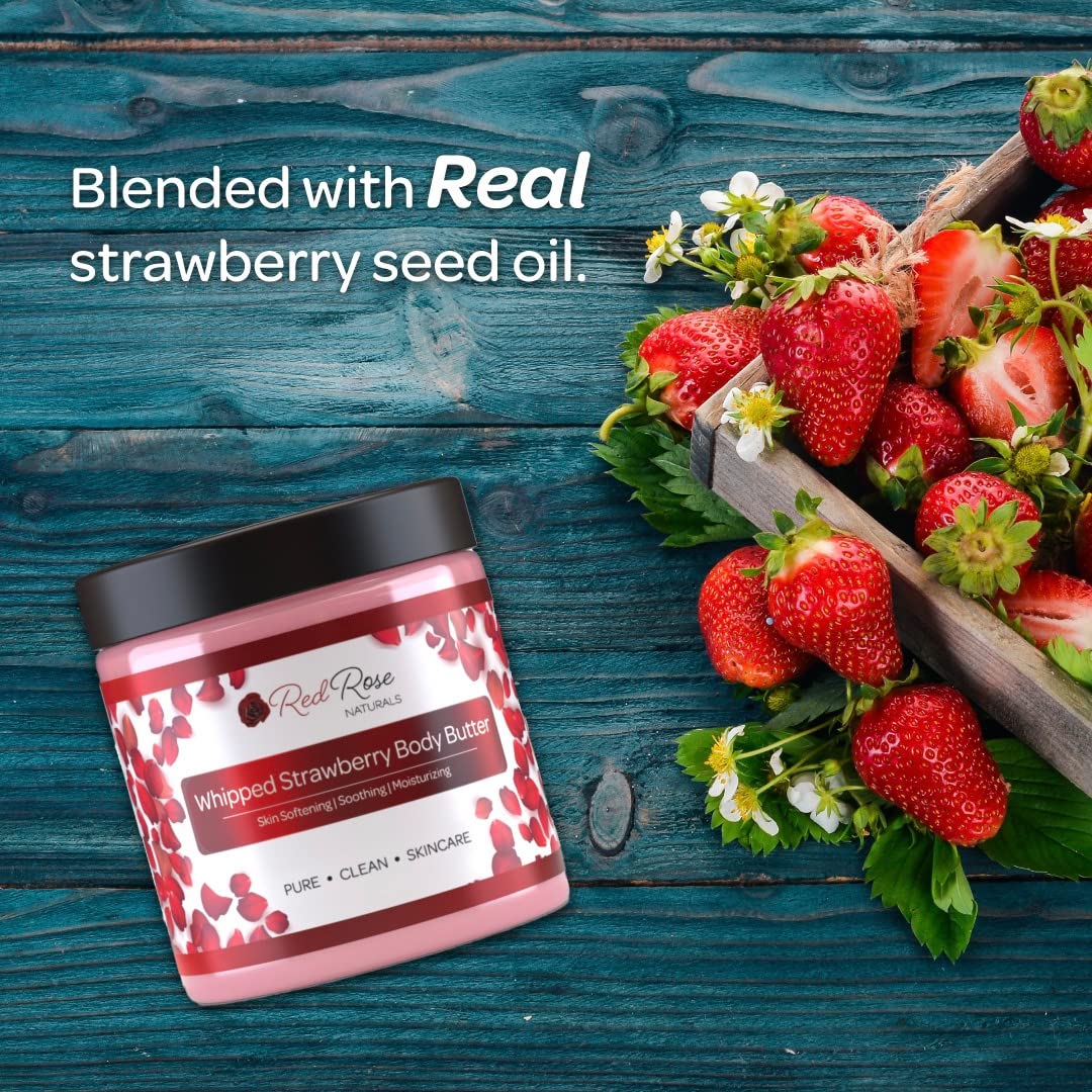 Red Rose Naturals Whipped Strawberry Body Butter for Sensitive, Dry Skin, 8 Oz, Non-Greasy, Soft & Creamy, Moisturizing Shea Butter- Natural Skincare for All Skin – Vegan