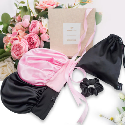 BONNET QUEEN Silk Bonnet for Sleeping Women Satin Bonnet Hair Bonnet Adjustable Hair Bonnet Night Sleep Cap Black+Pink Black+Pink