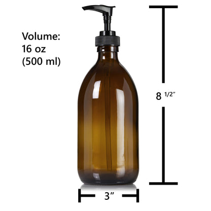 Artanis Home Refillable Amber Glass Dish Hand Soap Lotion Dispenser 16 oz, 2-Pack – Apothecary Bottle with Black Plastic Pump