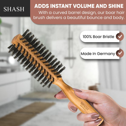 SHASH Boar Bristle Round Brush - Made In Germany | Volumize and Revitalize Your Hair with Softer, Smoother Results - Scalp Exfoliation and Stimulation - Eco-Sourced Olive Wood Handle