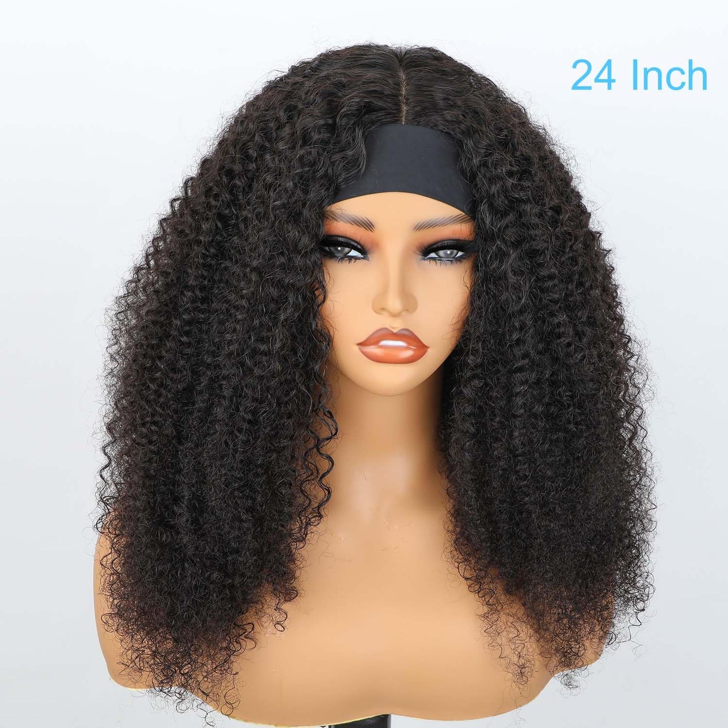 BLY Afro Curly Headband Wig Human Hair with Natural Scalp Top Middle Part Headband Wig for Women 180% Density 10A Grade Mongolian Afro Kinky Curly Hair Glueless Wig 16 Inch