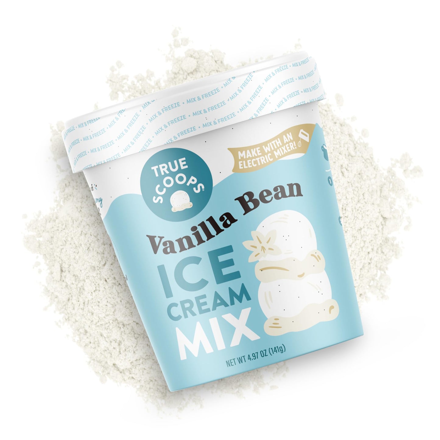 True Scoops 6-Pack Vanilla Bean Ice Cream Mix. Add One Ingredient - Half & Half! Makes 1 Pint of Premium, Homemade Ice Cream With An Electric Mixer. Made With Real Vanilla Beans. Gluten-Free, Peanut-Free, and Kosher. (141g ea)