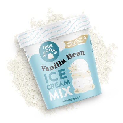 True Scoops 6-Pack Vanilla Bean Ice Cream Mix. Add One Ingredient - Half & Half! Makes 1 Pint of Premium, Homemade Ice Cream With An Electric Mixer. Made With Real Vanilla Beans. Gluten-Free, Peanut-Free, and Kosher. (141g ea)