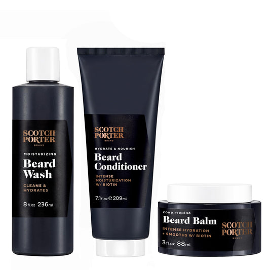 Scotch Porter Beard Wash, Conditioner & Balm – Cleanse, Moisturize, Hydrate, Soften & Style Coarse, Dry Facial Hair while Encouraging Growth for a Fuller, Healthier-Looking Beard