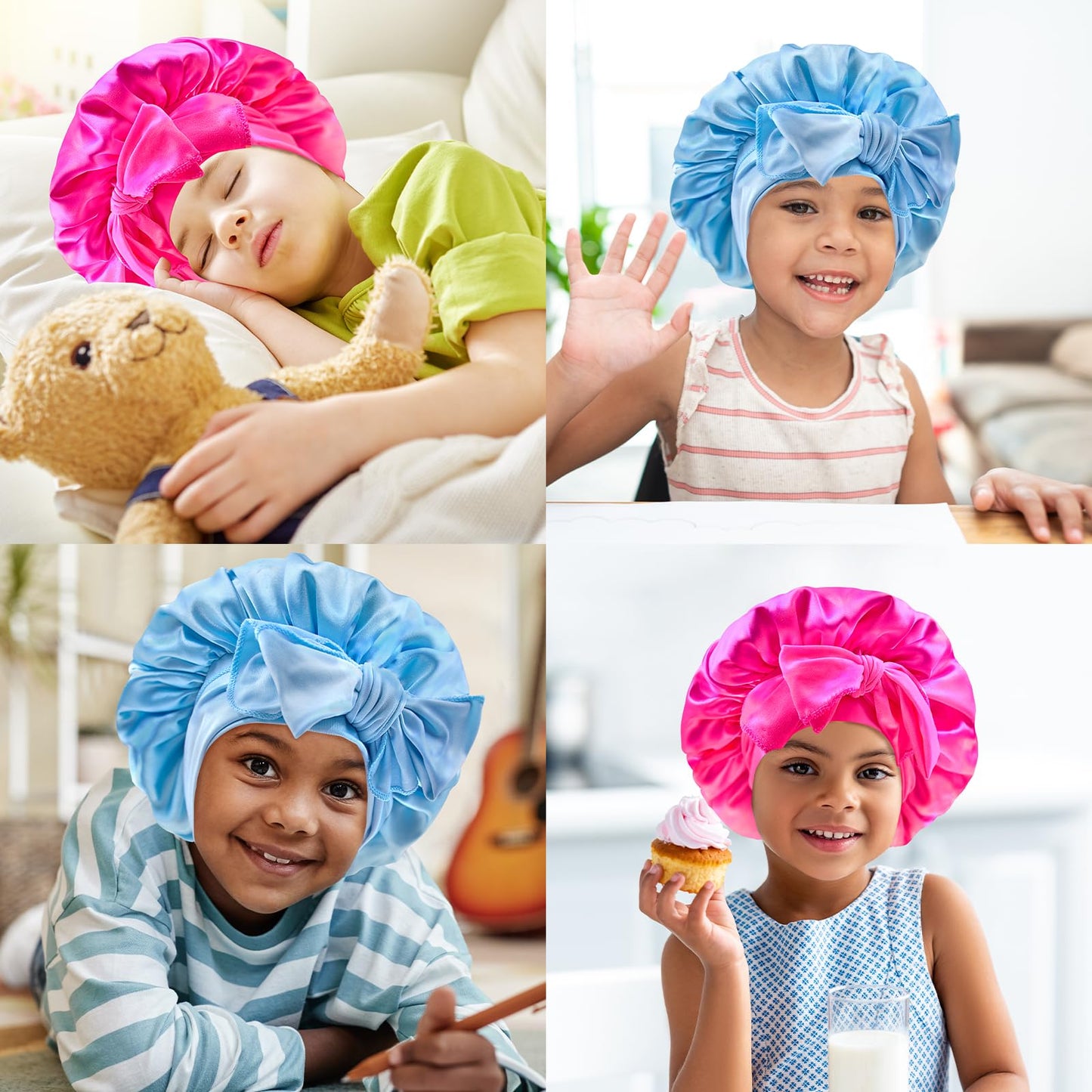 BONNET QUEEN Baby Bonnet Kids Bonnet Infant Satin Silk Hair Bonnets with Tie Band Bow for Girls 4~12 Years 2Pcs Light Blue+Hot Pink