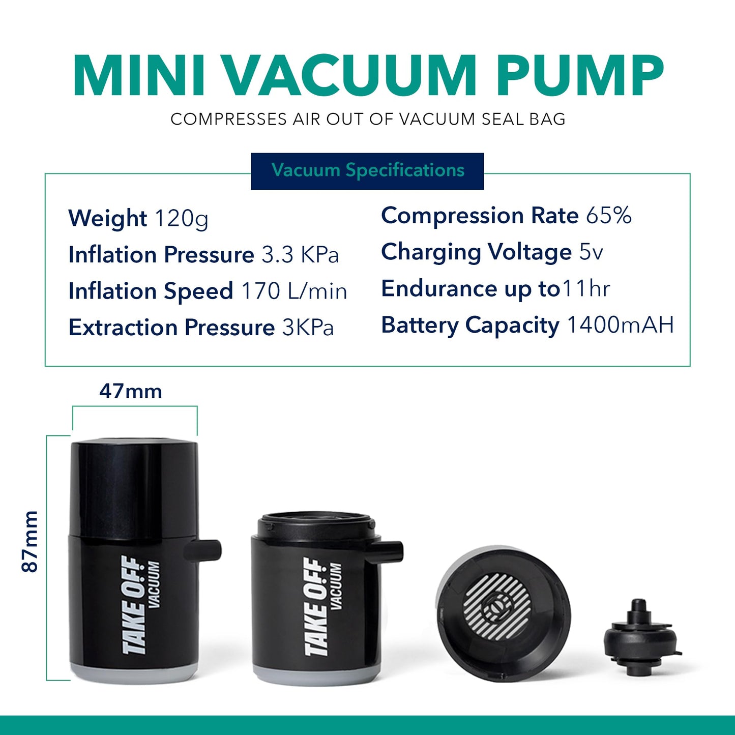 TAKE OFF Mini Vacuum Rechargeable Pump, Reduce Original Volume, Vacuum Seal Air Compression, Lightweight and Portable Travel Vacuum Pump, For Travel Space Saving and for Vacuum Seal Bags, Black