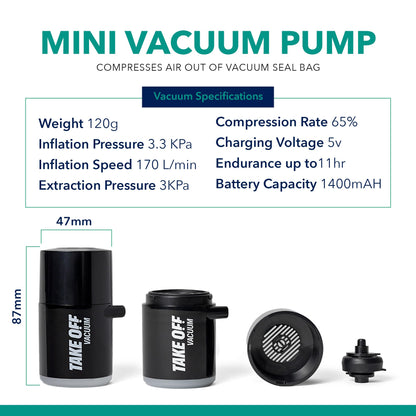 TAKE OFF Mini Vacuum Rechargeable Pump, Reduce Original Volume, Vacuum Seal Air Compression, Lightweight and Portable Travel Vacuum Pump, For Travel Space Saving and for Vacuum Seal Bags, Black