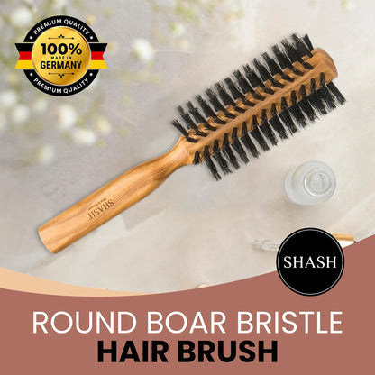 SHASH Boar Bristle Round Brush - Made In Germany | Volumize and Revitalize Your Hair with Softer, Smoother Results - Scalp Exfoliation and Stimulation - Eco-Sourced Olive Wood Handle