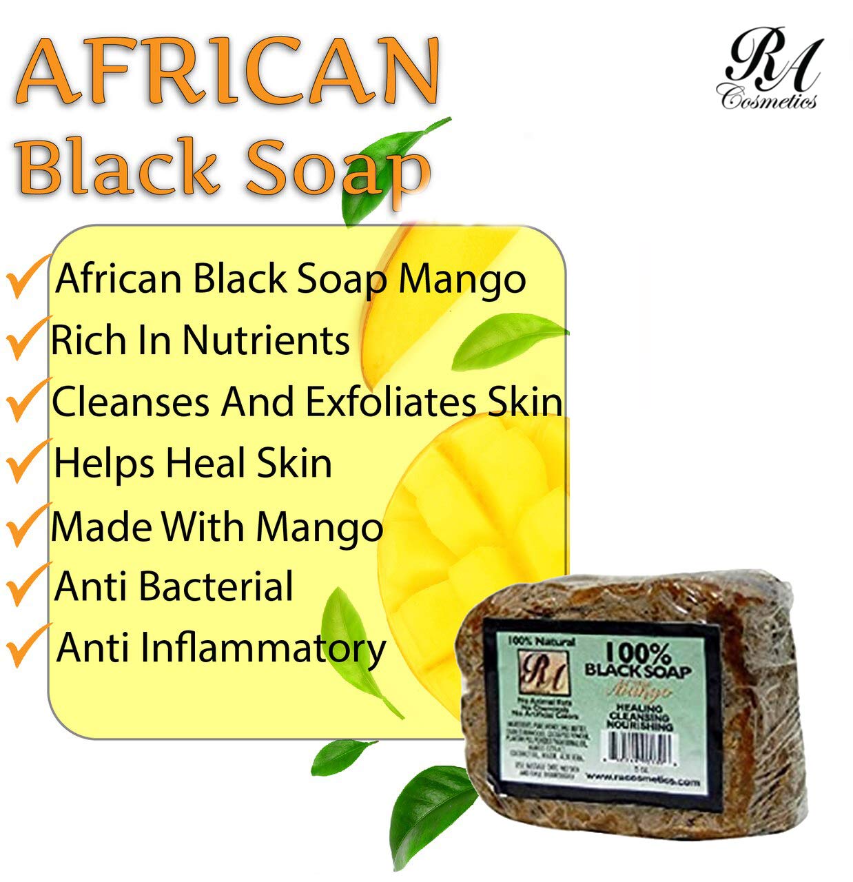 RA Cosmetics 100% Natural African Black Soap, Mango Scent, 5 oz, 141g