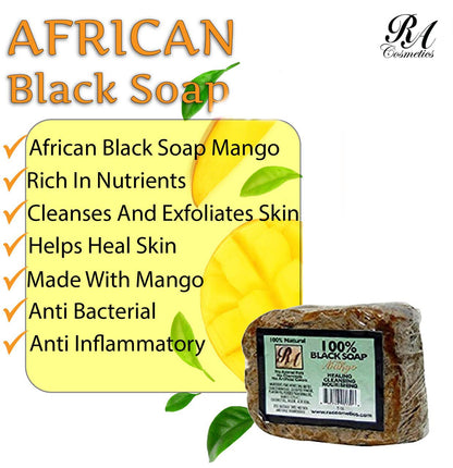 RA Cosmetics 100% Natural African Black Soap, Mango Scent, 5 oz, 141g