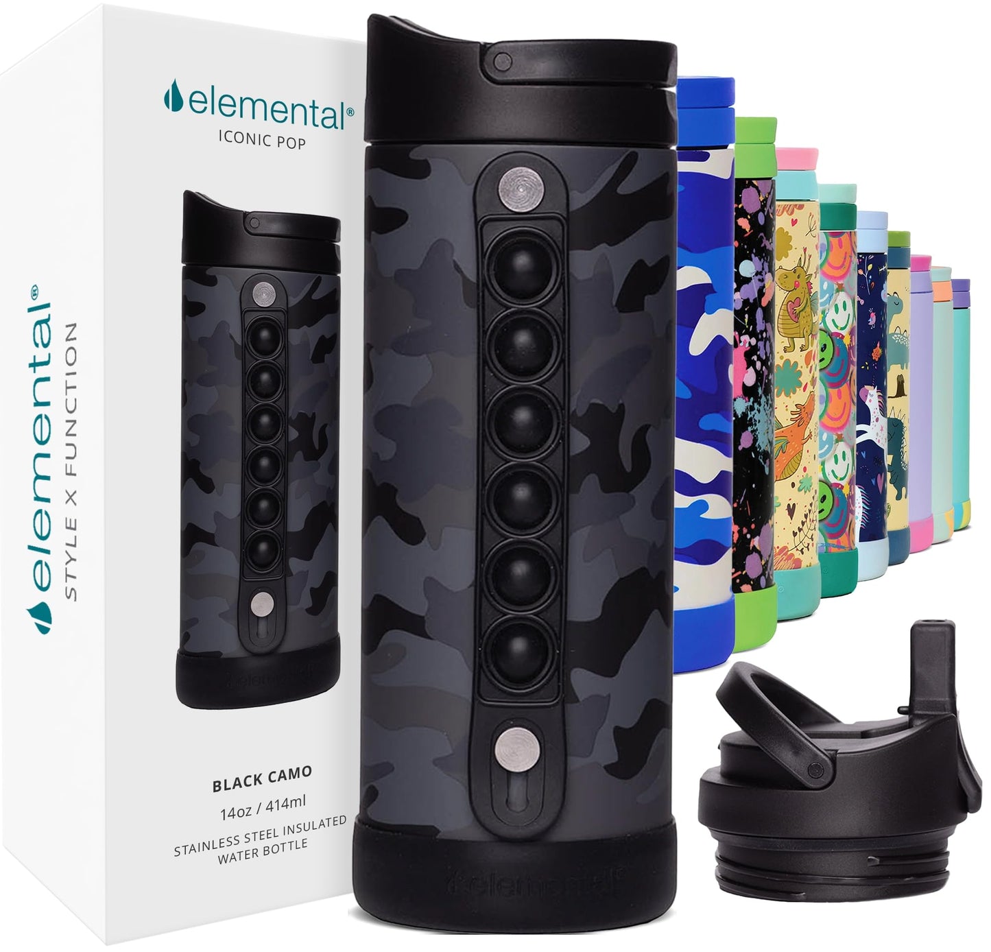 Elemental Iconic Kids Water Bottle with Straw Lid & Stress Relief Pop It Handle, Leak-Proof When Closed, Triple Insulated Kids Stainless Steel Water Bottle For Girls and Boys, 14oz - Black Camo