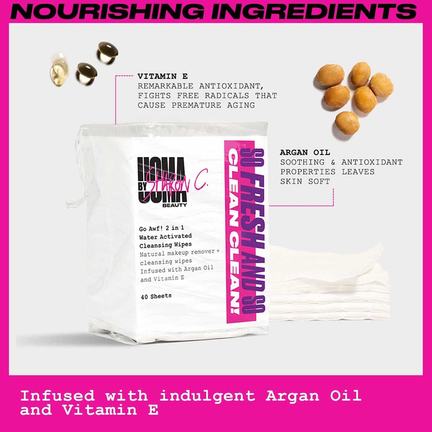 UOMA by Sharon C. Face Wipes - Go Awf 2 in 1 Water Activated Makeup Wipes. Biodegradable Cotton Pads, Face Cleansing Wipes Makeup Remover. Facial Wipes with Argan Oil + Vitamin E. 40 Make Up Wipes