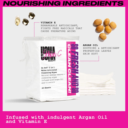 UOMA by Sharon C. Face Wipes - Go Awf 2 in 1 Water Activated Makeup Wipes. Biodegradable Cotton Pads, Face Cleansing Wipes Makeup Remover. Facial Wipes with Argan Oil + Vitamin E. 40 Make Up Wipes