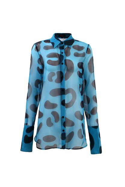 Pantora Women's Latisha Organza Button Up, Blue Leopard, Medium