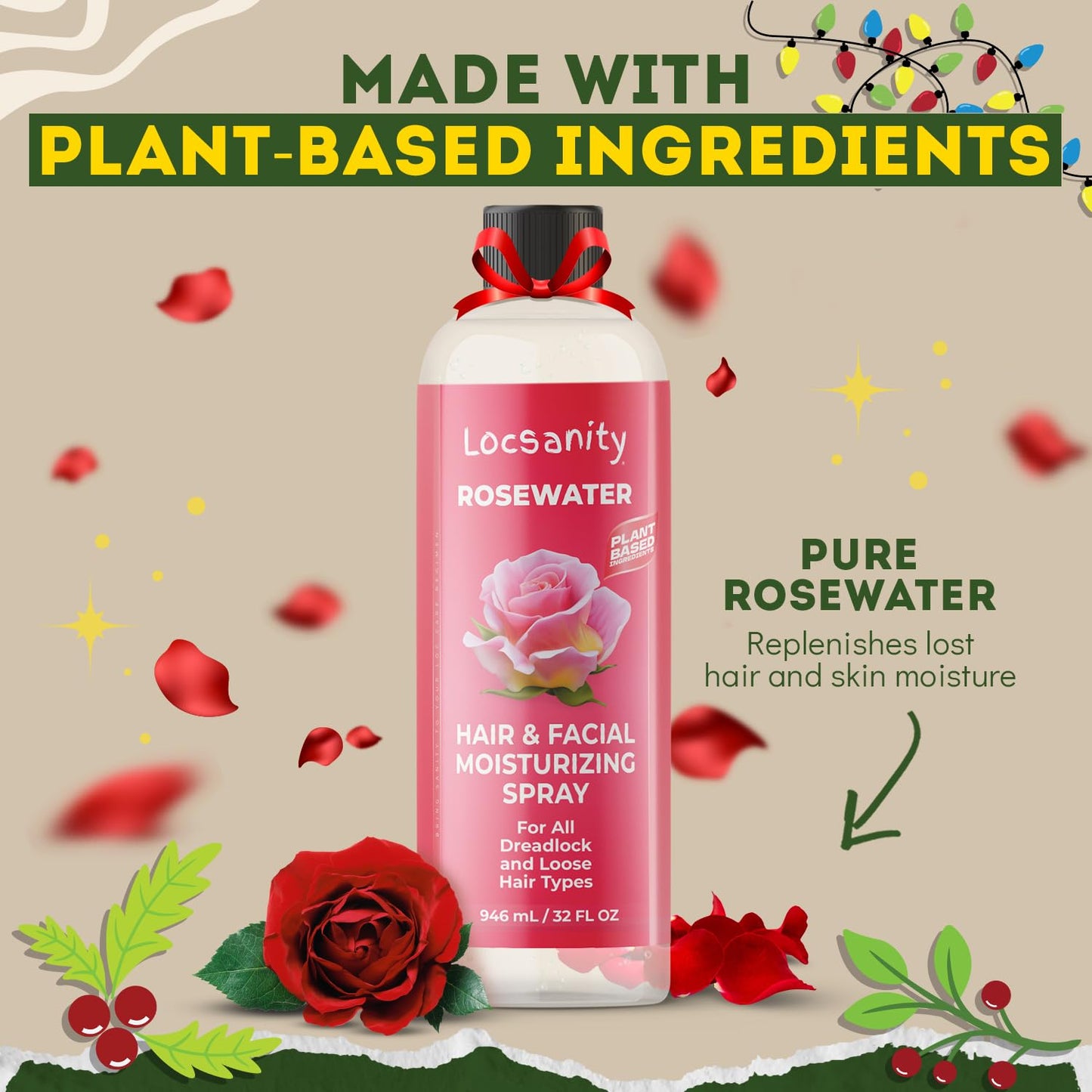 Locsanity Pure Rosewater Hair and Facial Spray – Jumbo Size Hydrating Face Mist to Soothe, Refresh, and Rejuvenate Skin, Reduce Oil and Buildup (32oz)