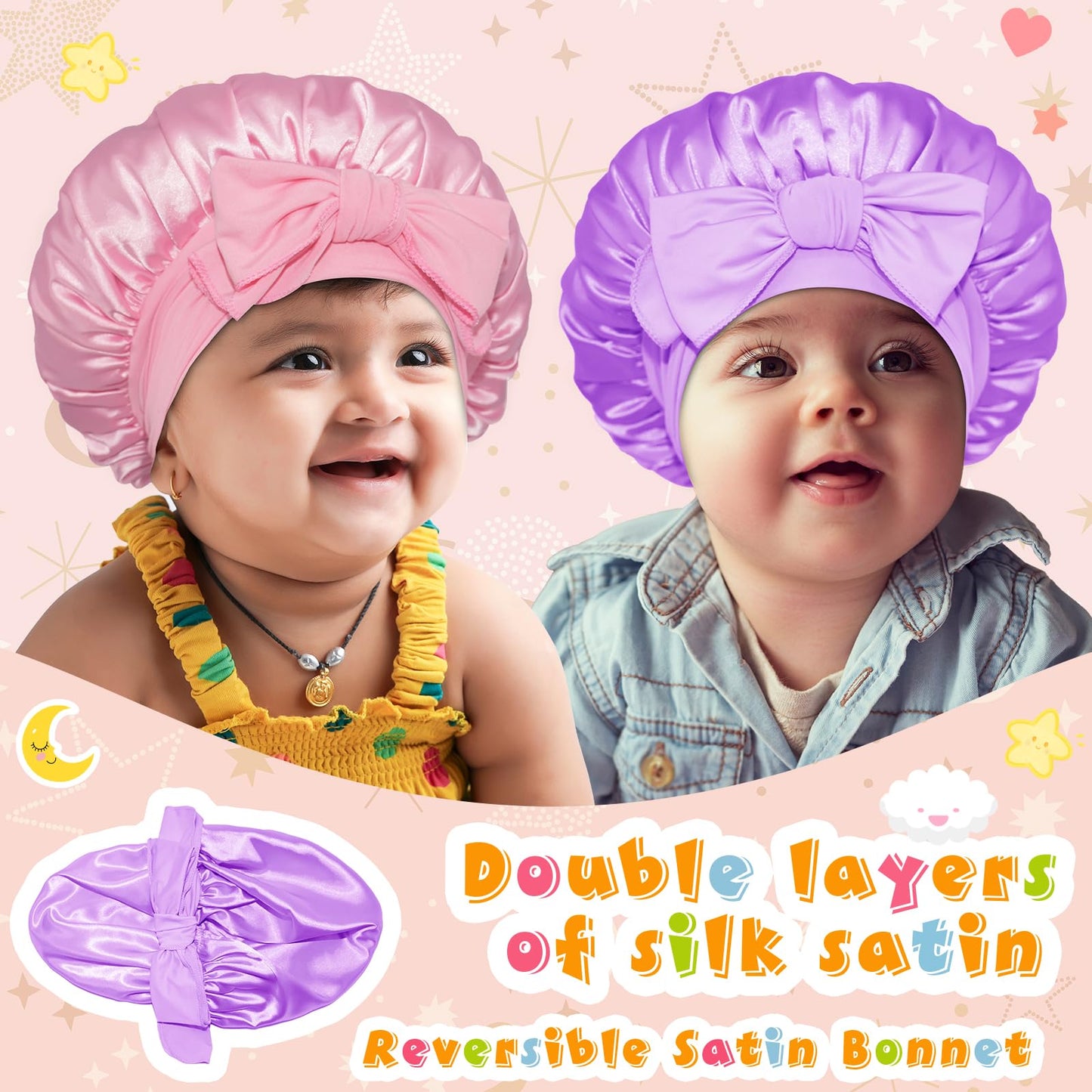 BONNET QUEEN Baby Bonnet Kids Bonnet Double Layer Silk Bonnet for Sleeping Satin Bonnet Adjustable Silk Hair Wrap with Tie Band 2Pcs 6-12 Months Pink+Purple