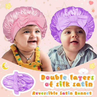 BONNET QUEEN Baby Bonnet Kids Bonnet Double Layer Silk Bonnet for Sleeping Satin Bonnet Adjustable Silk Hair Wrap with Tie Band 2Pcs 6-12 Months Pink+Purple