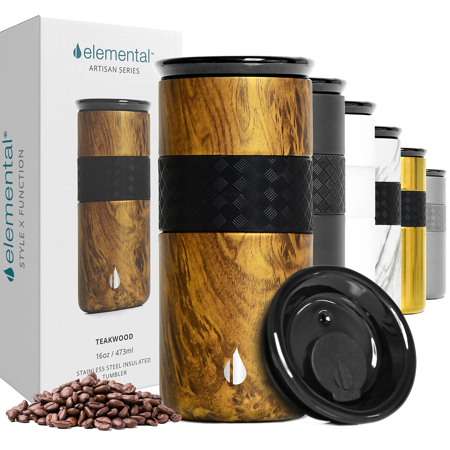 Elemental Artisan Insulated Tumbler, Triple Wall Coffee Travel Mug, Reusable Stainless Steel Coffee Tumbler with Ceramic Lid, Thermal Coffee Cups for Hot (6 Hrs) & Cold (18 Hrs), 16oz - Teakwood