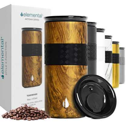 Elemental Artisan Insulated Tumbler, Triple Wall Coffee Travel Mug, Reusable Stainless Steel Coffee Tumbler with Ceramic Lid, Thermal Coffee Cups for Hot (6 Hrs) & Cold (18 Hrs), 16oz - Teakwood