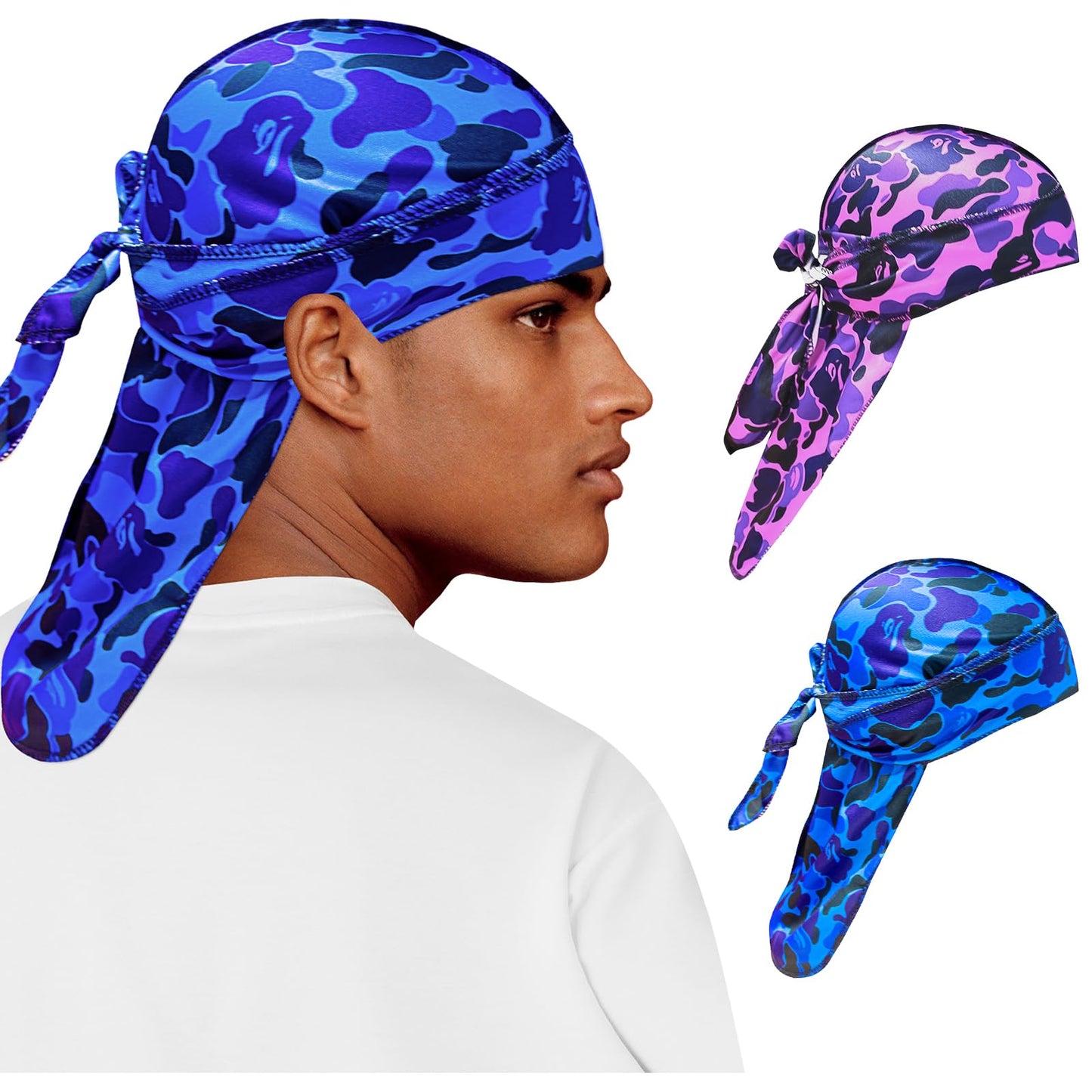 2pcs of durags Pack Set Durags for Men Women Silky durags Dorag Satin Durag Do Doo Du Rag Long Tail du rag Headwrap durag for Dreadlocks Camo