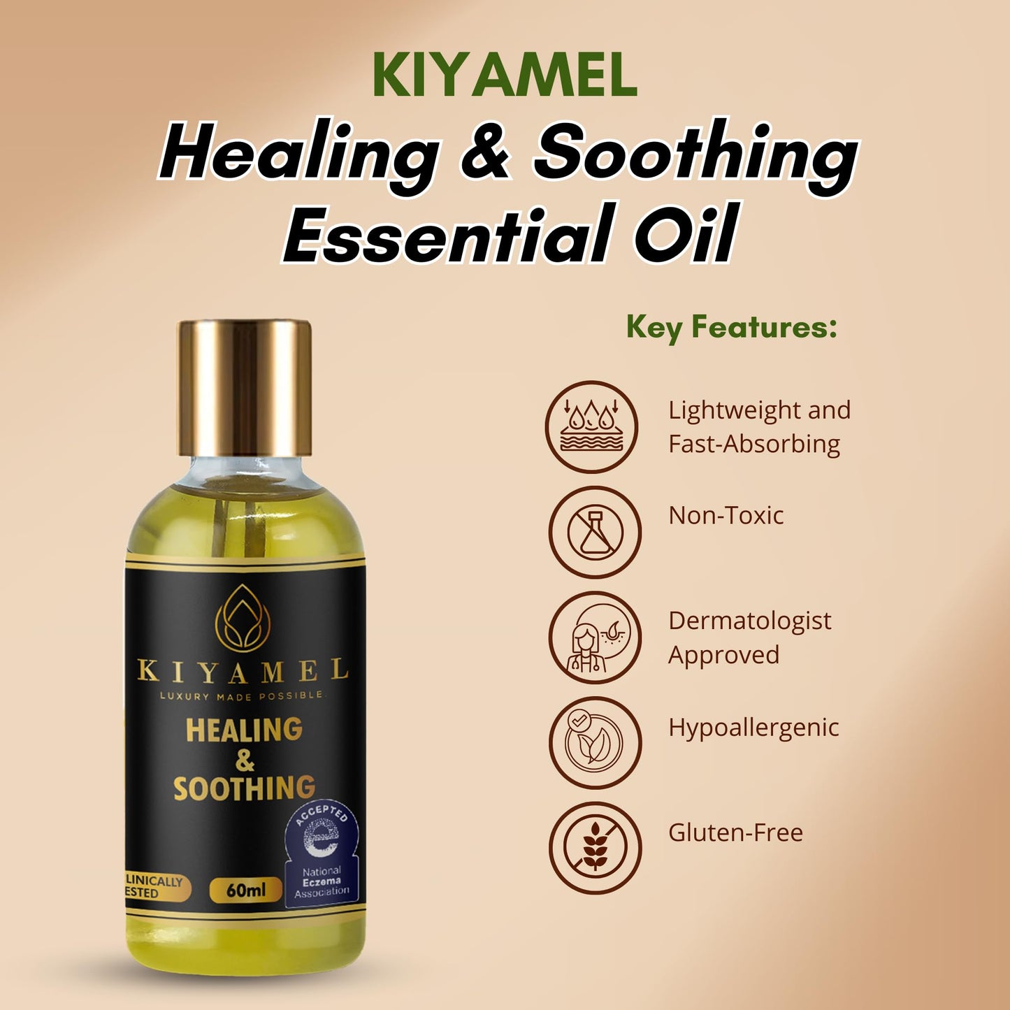 KIYAMEL Healing & Soothing Essential Oils for Itchy Dry Skin, Restorative Body Oil with Vitamin E, Argan, and Jojoba, Moisturizing and Soothing Skincare for Adults and Kids