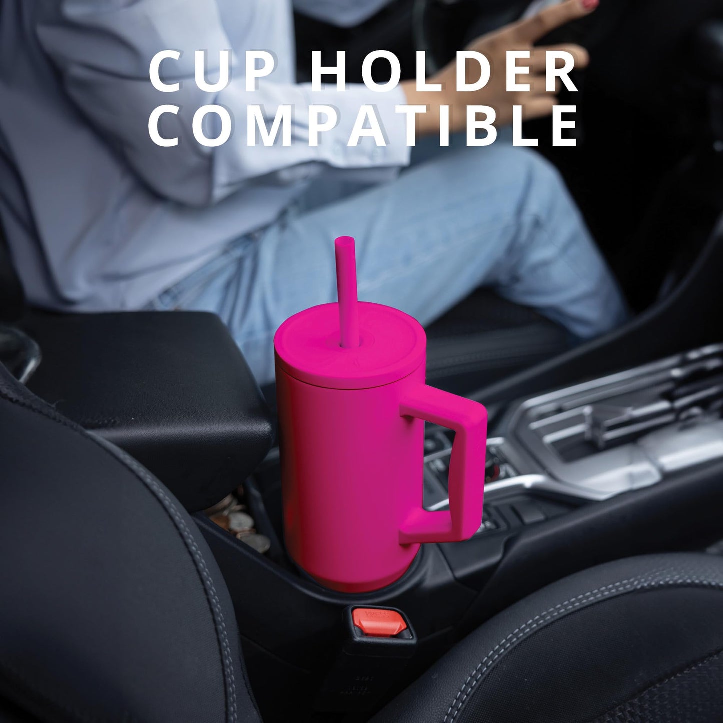 Elemental 40 oz Tumbler with Handle and Straw - Spill Proof Insulated Stainless Steel Commuter for Hot and Cold Beverages - Travel Coffee Mug with 2 Straws & Spill Proof Lid - 40oz - Hot Pink