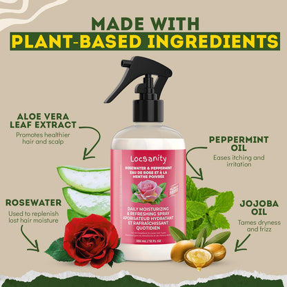 Locsanity Daily Moisturizing Refreshing Spray - Rose Water and Peppermint Hair Scalp Moisturizer for Locs and Dreadlocks (12oz)