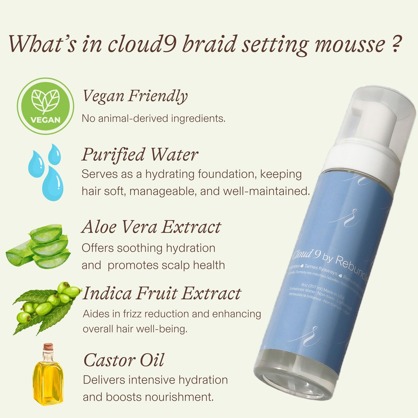 Rebundle cloud9 Braid Setting Mousse - Hydrating & Refreshing Mousse for Braids, 8oz | Long-Lasting Hold, Frizz Control, and Shine | Paraben-Free & Sulfate-Free| Plant – Derived Ingredients