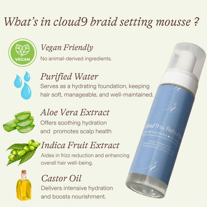 Rebundle cloud9 Braid Setting Mousse - Hydrating & Refreshing Mousse for Braids, 8oz | Long-Lasting Hold, Frizz Control, and Shine | Paraben-Free & Sulfate-Free| Plant – Derived Ingredients