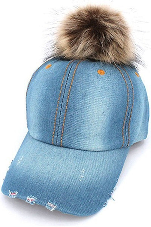 2Chique Boutique Women's Light Blue Denim Pom Pom Hat (Brown)
