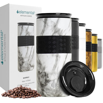 Elemental Artisan Insulated Tumbler, Triple Wall Coffee Travel Tumbler, Reusable Stainless Steel Coffee Tumbler with Ceramic Lid, Thermal Coffee Cup for Hot (6 Hrs) & Cold (18 Hrs) 16oz - White Marble
